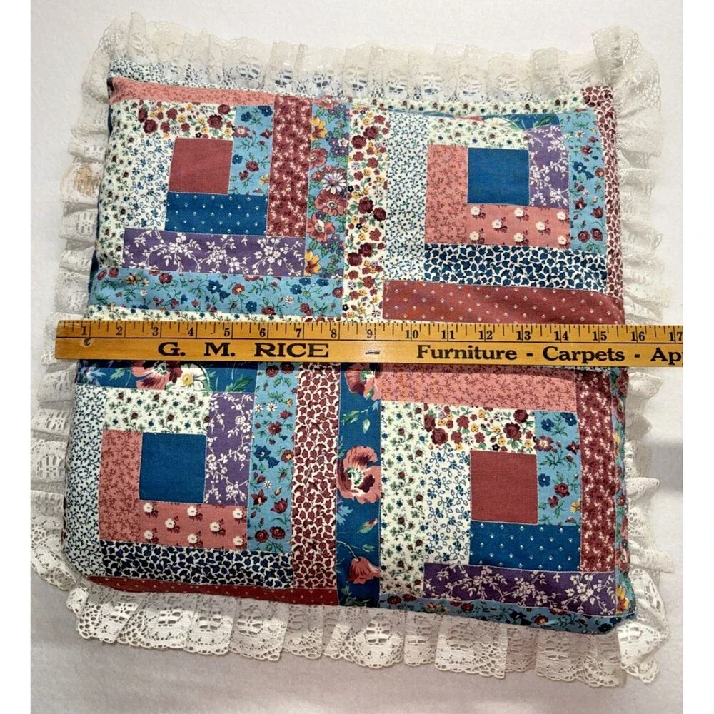 Handmade Log Cabin Quilt Pillow Convertible Throw Blanket Lace Trim 42x67